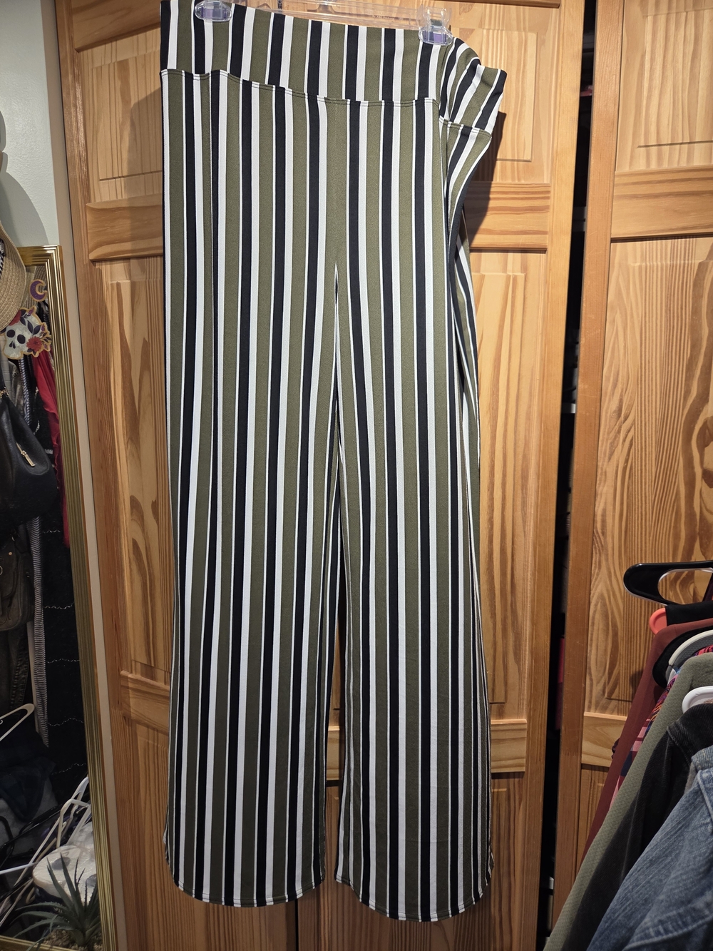 Express Olive, Black & White Vertical Stripe Wide-Leg Pants